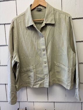Eileen Fisher Jacket Utility Crop Size L Muted Sage Green Boxy Collar Button Up